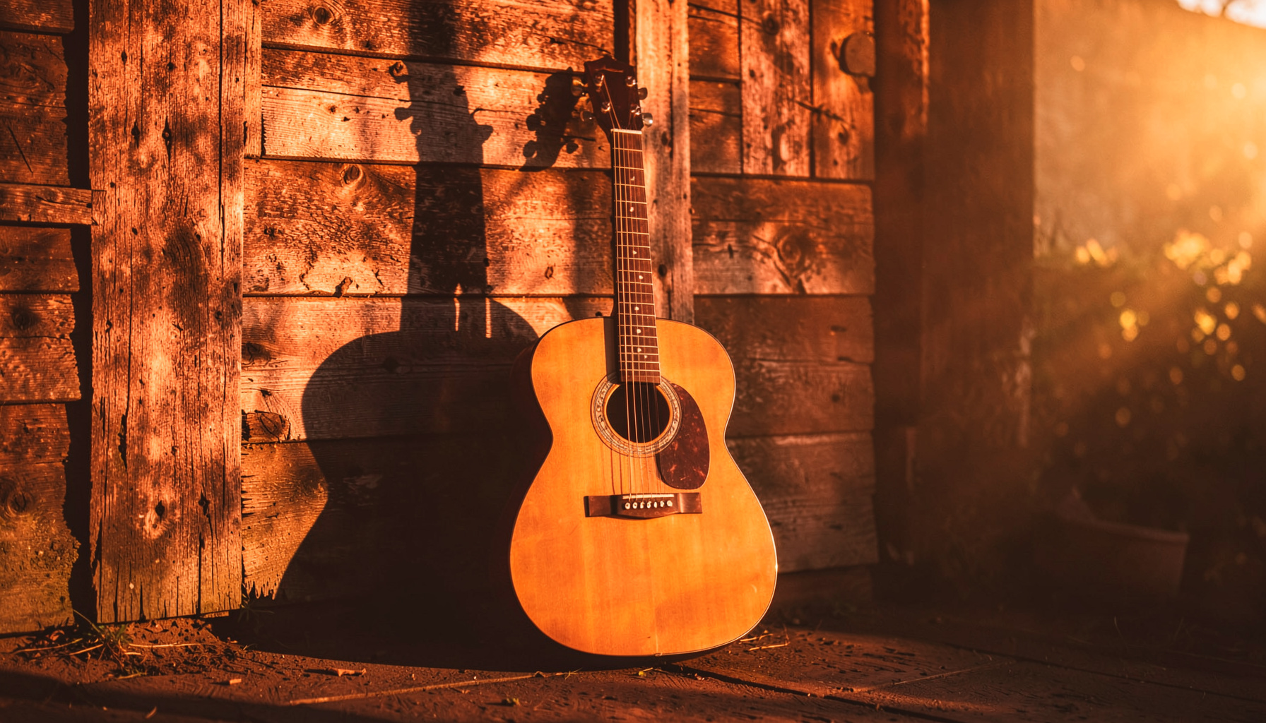 Warm golden-hour photograph of a lone acoustic guitar leaning against a weathered barnwood wall, soft amber light casting long shadows