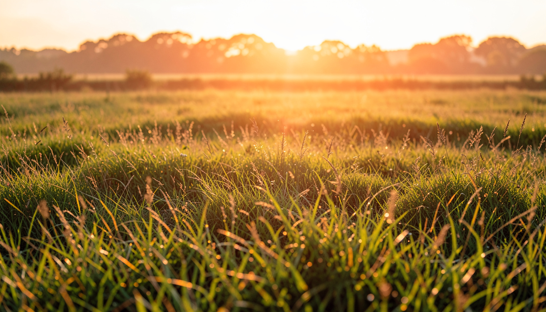 Warm golden-hour light filtering through tall grass in a wide open field, soft amber and green tones, peaceful countryside