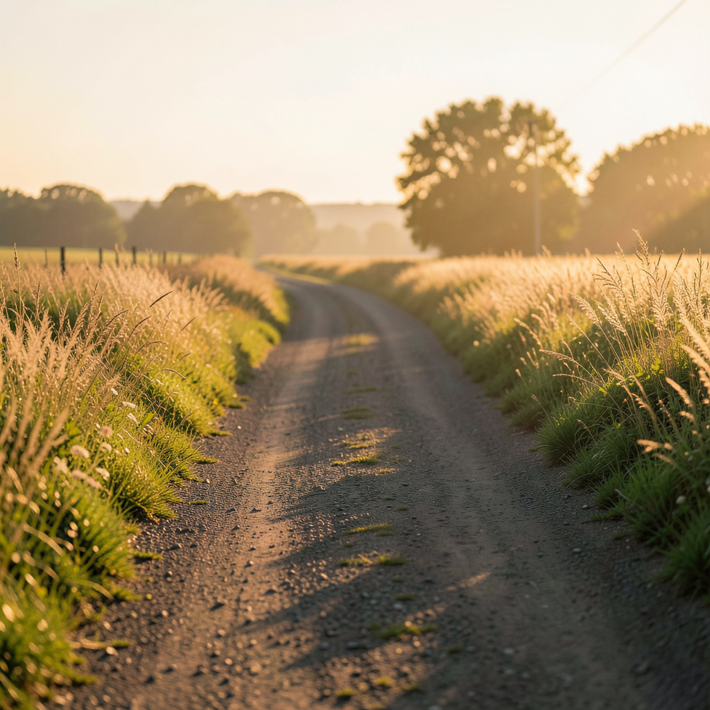 Warm golden-hour photograph of a quiet rural road lined with tall grasses, soft amber and green tones, peaceful countryside mood