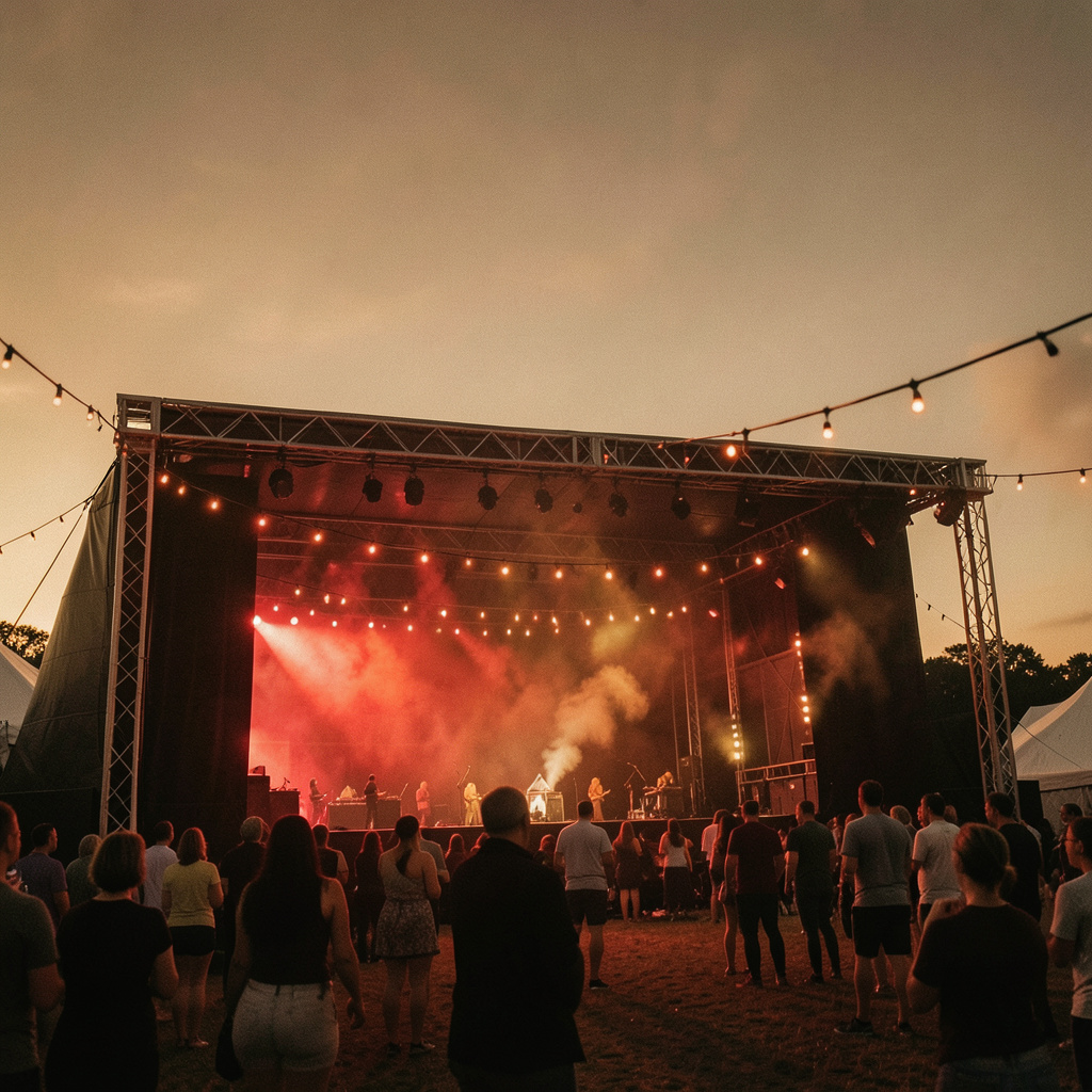 Warm golden-hour photograph of an outdoor festival stage with string lights, dusky amber sky, nostalgic and inviting atmosphere
